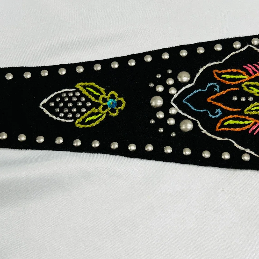 Faux Suede Embroidered Studded‎ Embroidered Wide Waist Belt Sz L Boho Festival